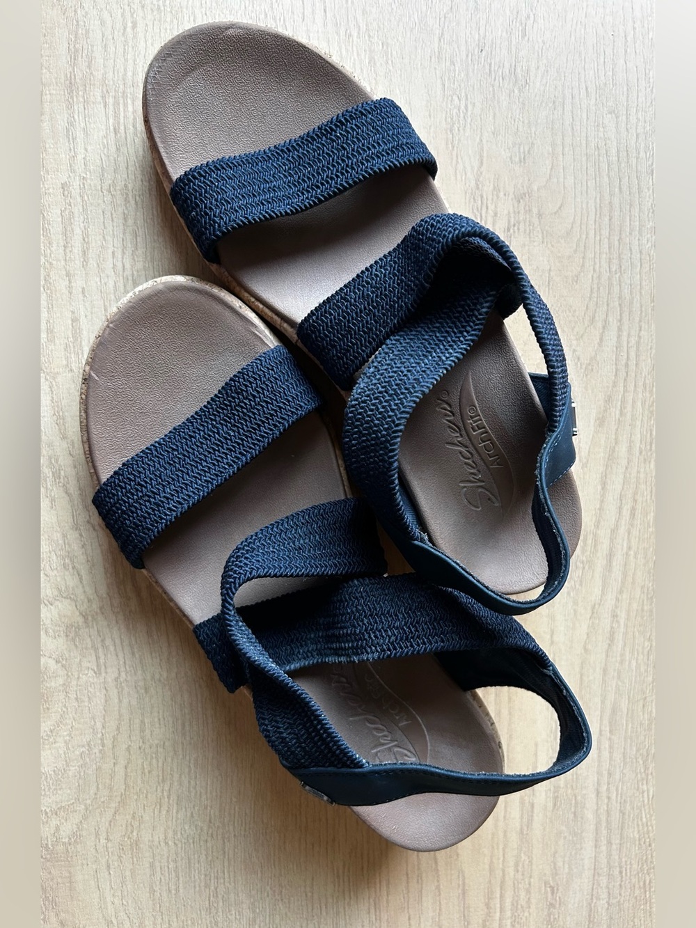 Skechers Women's Arch Fit Beverlee - Love Stay Navy & Cork Wedge Sandal Size 7.5